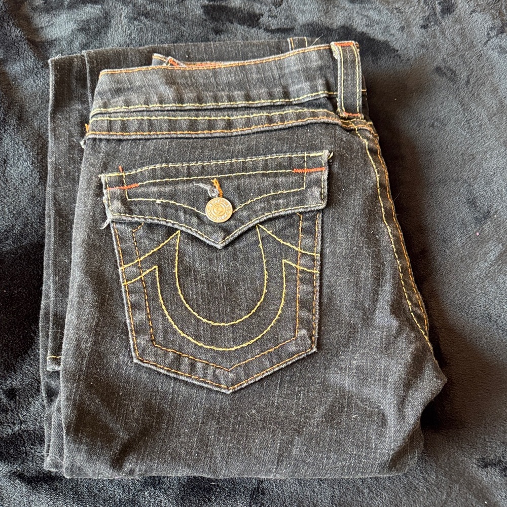 True Religion Black Denim Jeans with Yellow Contrast Stitching